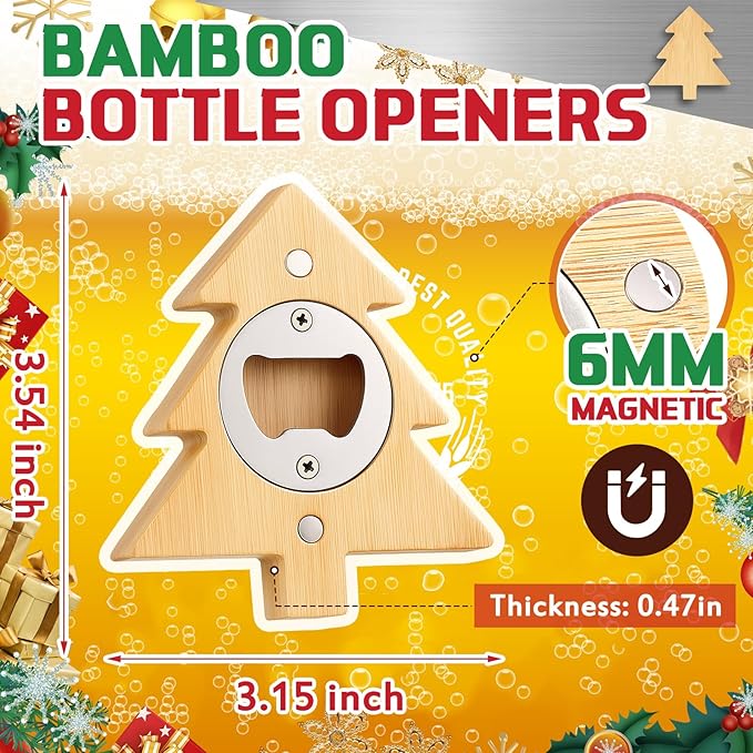 Vesici 12 Pcs Magnetic Bottle Opener 2.5in DIY Bamboo Christmas Tree Shape Beer Openers Wooden Fridge Magnet Refrigerator Sticker Gift for Beer Lover Wedding Guest Kitchens Bars Parties