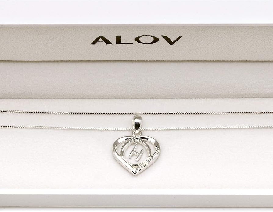 ALOV Jewelry Sterling Silver Initial Letter Alphabet Love Heart Cubic Zirconia Pendant Necklace