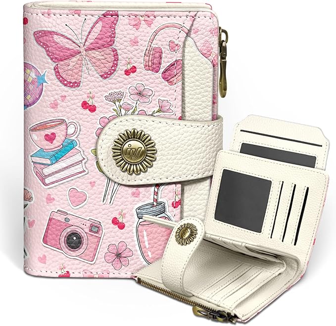 Small Wallet Women RFID Blocking Bifold Cute Credit Card Holder, Zipper Coin Pocket, PU Leather, Compact, Travel, 4 ID Window, 14 Card Slots, Cash Purse, Ladies Woman Female Girls