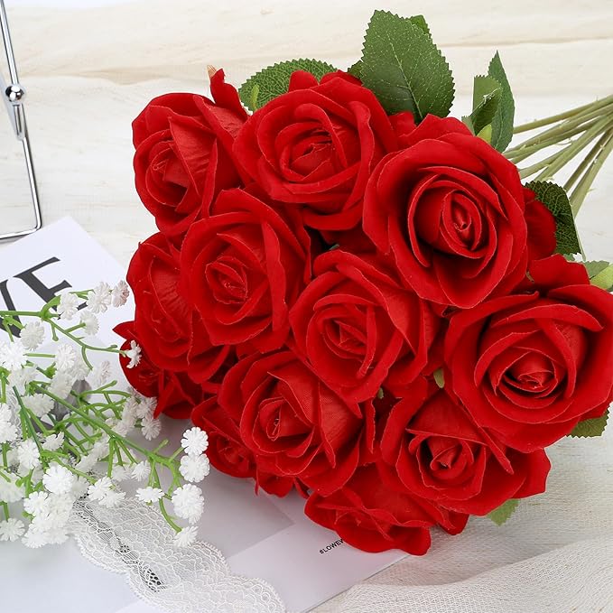 Roses Artificial Flowers, Fake Velvet Silk Roses in Bulk for Home Decor Indoor, Fake Roses Realistic Flowers with Stems for Wedding Centerpiece Party Decor (48, Red)
