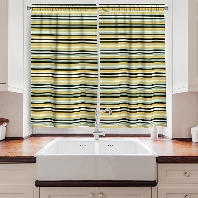 Ambesonne Stripes Kitchen Curtains, Horizontal Lines Simple Design with Retro Farmhouse Inspired Colors, Window Drapes 2 Panel Set for Kitchen Cafe Decor, 55" x 36", Mustard Reseda Green