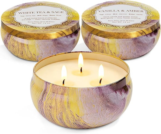Candles, 3-Pack Large 3-Wick Tin Candle Set, 14oz Each — White Tea & Sage, Vanilla Amber, Cashmere Cedar — Luxury Strong-Throw Aromatherapy Candles in Gift Gold 6.3 x 7.09 in