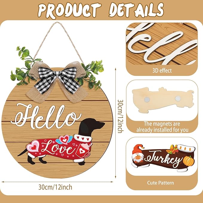 Glenmal 16 Pcs Seasonal Dachshund Door Decor for All Season and Holiday Hanging Cute Christmas Dachshund Welcome Sign Rustic Wooden Farmhouse Front Door Signs Outdoor(Brown)