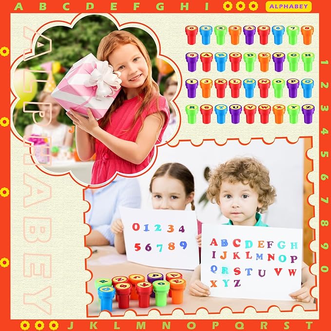 72 Pcs Number and Alphabet Stamps for Kids Letter Stamps for Kids Self Inking ABC for Boys and Girls, Classroom Rewards, Birthday Party Supplies