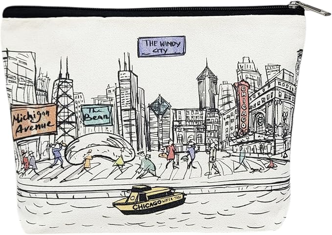 Cities Around the World Artwork Cosmetic Bag Series – Designed in USA, Travel Makeup Bag with Zipper, Souvenir Gift for Women, Artwork Organizer for Purse or Toiletry (Chicago)