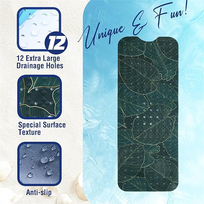 Palm Leaves Bathtub Mat Non Slip 40x16in Palm Leaf Extra Long Bath Mat for Tub Tropical Banana Leaf Plant Anti Slip Shower Mat for Bathroom with Large Drain Holes Suction Cups Quality Bath Mats Decor