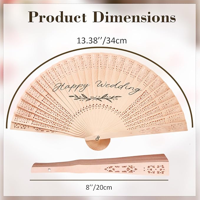 50 Pcs Wedding Fans Engraved Wooden Folding Hand Fans with Organza Bags, Wedding Party Favors for Guests, Bridal Shower & Summer Outdoor Ceremony (Style3,50)
