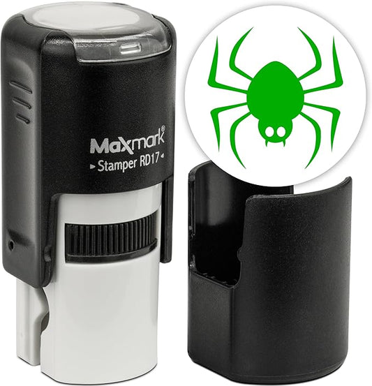MaxMark Round Self Inking Halloween Stamp - Spider - Green Ink
