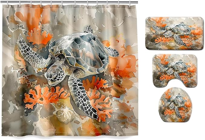 4 Pcs Kids Shower Curtain Set - Sea Turtle Shower Curtain for Bathroom Ocean Themed Shower Curtain Turtle Bathroom Accessories with Rug,and Bath Mat with 12 Hooks