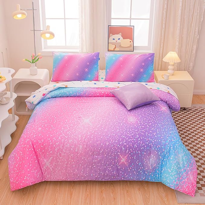 Rainbow Bedding Set Twin Size – 6-Piece Reversible Girls Comforter with Deep-Pocket Sheet, Gradient Galaxy Design, Whole-Piece Filling, Machine Washable Bed-in-a-Bag for Kids Room Makeover & Gifts