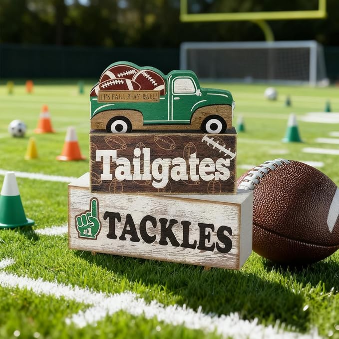 4 Pcs Football Decor, Rustic Football Wooden Signs for Room, Table, Shelf, Locker Room, Sports Centerpieces for Bedroom, Living Room, Coach & Senior Night Gifts