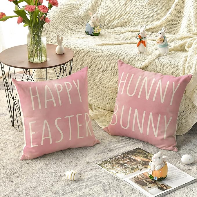 AVOIN colorlife Happy Easter Hunny Bunny Pink Throw Pillow Covers, 20 x 20 Inch Easter Eggs Bunny Spring Cushion Case for Sofa Couch Set of 4