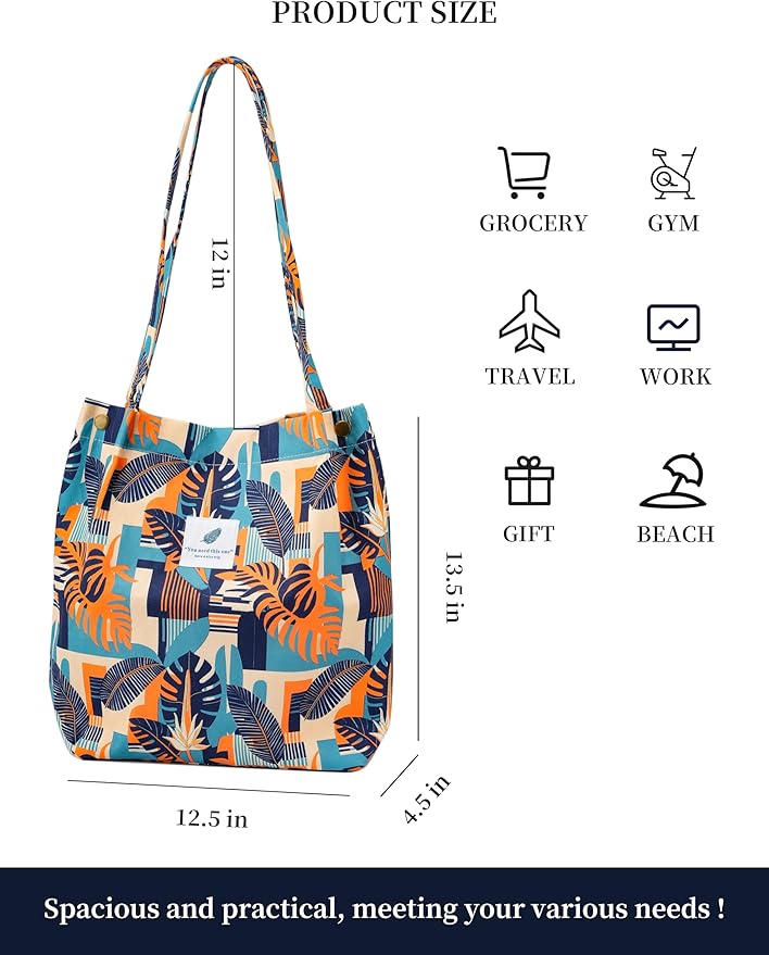 Corduroy Tote Bag Cute Tote Bags for Women Shoulder Bag with Inner Pocket for Work Beach Travel and Shopping Grocery