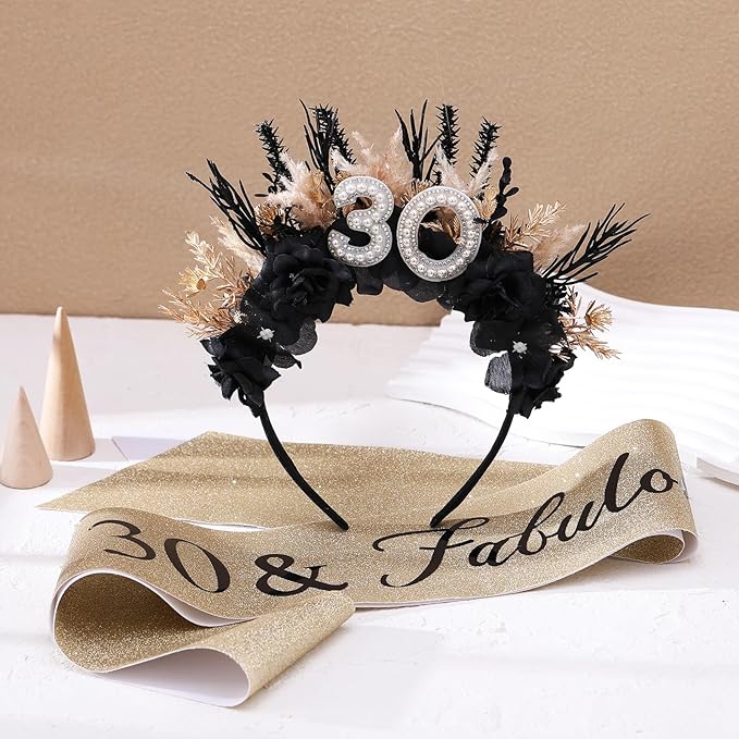 Flower Black Birthday Headband - Dark Happy Birthday Crown and Sash Set for Women Fabulous Party Accessories