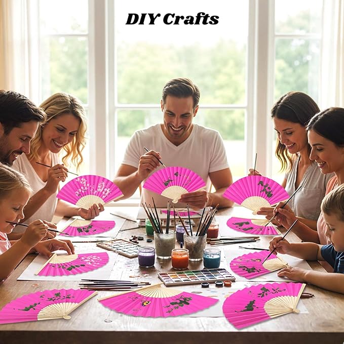 JOHOUSE 12 Pcs Paper Folding Hand Fans, 8.3 Inch Dark Pink Paper Fans Handheld Portable for Wedding, Outdoor Party Favors, Bridal Shower DIY Crafts Photography Prop Pink Party Decorations