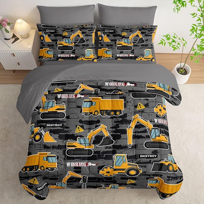 7Pcs Truck Comforter Set Engineering Vehicle Printed Bedding Set with 1 Comforter, 1 Flat Sheet, 1 Fitted Sheet and 4 Pillowcases for Boys and Girls Bedroom All Season(Full)