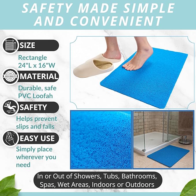 ENKOSI Loofah Non-Slip Shower and Bath Mat - Soft Cushioned Comfort - No Suction Cups for Smooth or Textured Tubs - Fast Draining - Safety for Bathroom, Family, Kids, and Elderly (24x16 Blue)