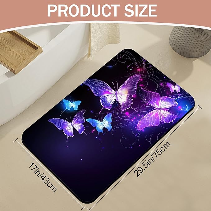 Diatomaceous Earth Bath Mat,Flying Butterflies Bath Rugs,Glowing Stars Non-Slip Thin Absorbent Fast Drying Easy to Clean for Bathroom Laundry Home Kitchen Door Mat 17x29.5Inch