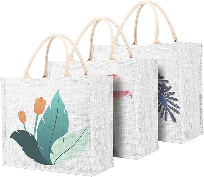 Segarty Tote Bags, 6 Pack Medium White Burlap Jute Reusable Gift Favors Bag Blank Tote with Handles Bulk for Bridesmaid Wedding, Women Market Grocery Shopping, Bachelorette Party, Beach Trip, DIY