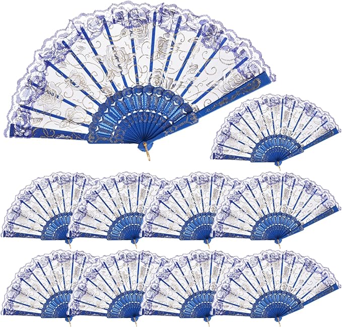 QIRMIZI 30pcs Silk Folding Hand Fans,Silk Fans,Royal Blue Rose Fans,Perfect for Weddings, Parties, and Dancing,Royal Blue