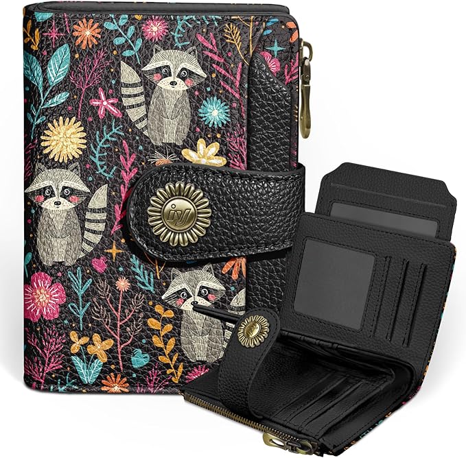 Raccoon Small Wallet Women RFID Blocking Bifold, Cute Credit Card Holder, Zipper Coin Pocket, PU Leather, Compact, Travel, 4 ID Window, 14 Card Slots, Cash Purse, Ladies Woman Female Girls