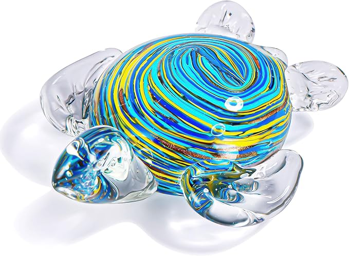 QFkris 6" Hand Blown Glass Sea Turtle Figurine, Crystal Ocean Creatures Statue, Glass Turtle Sculpture for Home Decor, Birthday Present, for Women