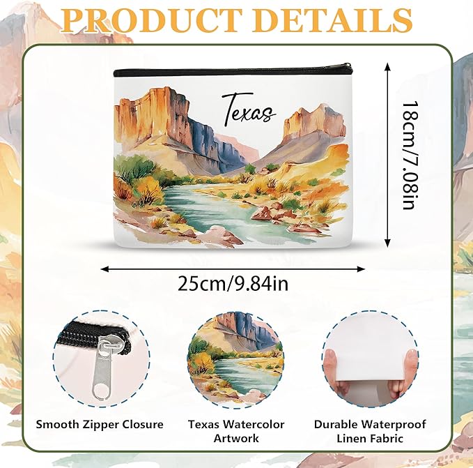 Texas Watercolor Makeup Bag, Waterproof Linen Travel Cosmetic Pouch, Texas-Themed Gifts & Souvenirs for Women, Toiletry Organizer for Travelers, Friends & Coworkers, 9.8×7.1×2 in