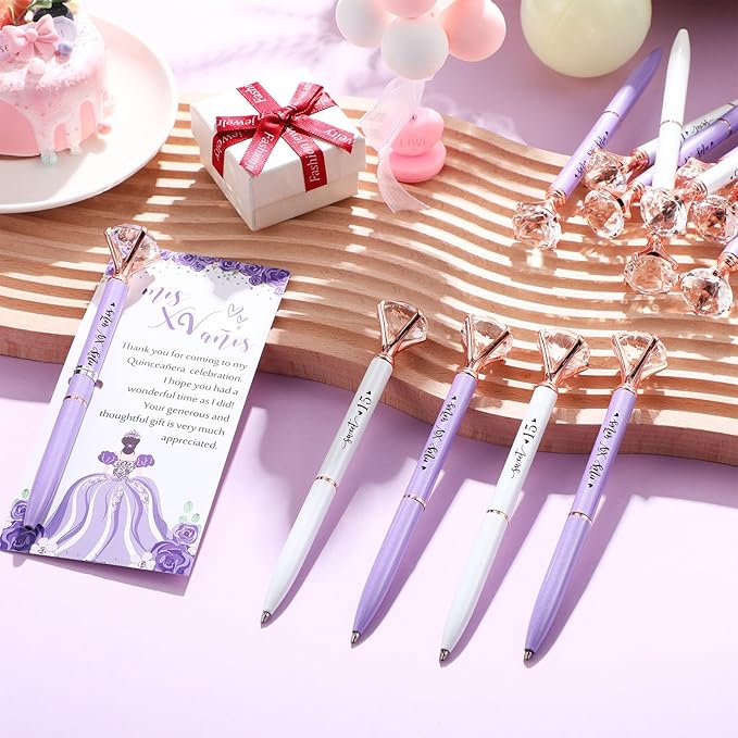 25 Set Quinceanera Party Favors for Guest Sweet 15 Diamond Pens Bulk Mis XV Años Fancy Ballpoint Pen with Thank You Cards and Ties 15th Birthday Thank You Gifts(White, Purple)