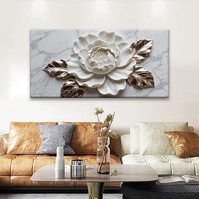 Suconvng Wall Art Living Room Marble Texture Wall Art Modern White Flower Canvas Art Wall Decor Home Wall Decor Suitable Pictures For Bedroom Apartment Office Can Be Hung 24" × 48"