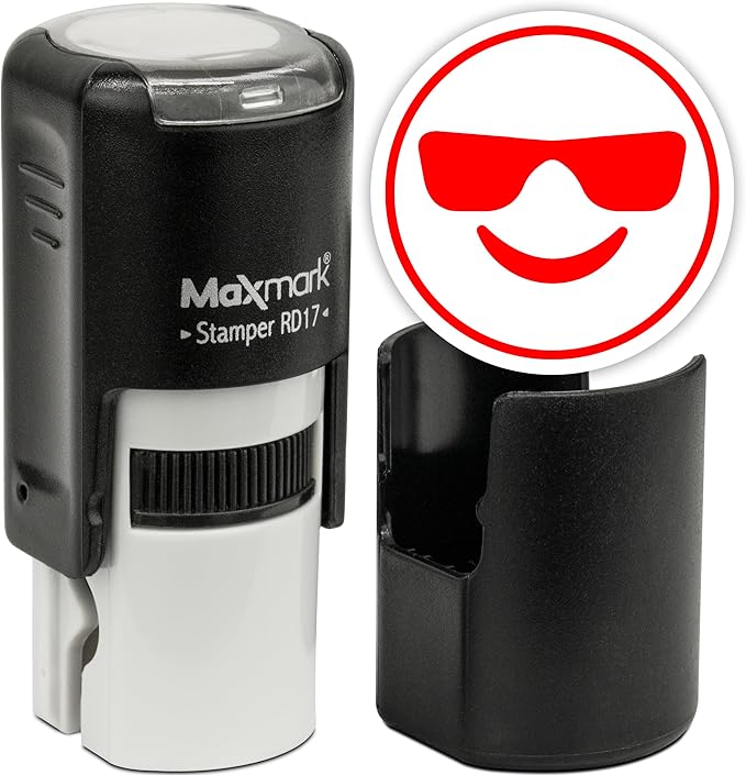 MaxMark Round Self Inking Emoji Stamp - Sunglasses - Red Ink