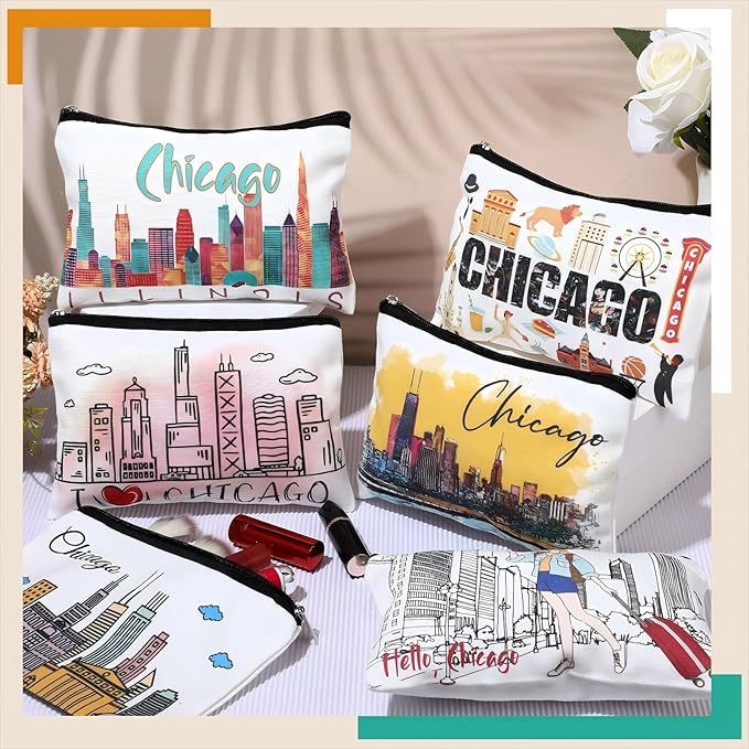 Reginary 6 Pcs City Cosmetic Bag Souvenir Gifts New York Zipper Pouch Chicago Souvenir Seattle Boston Nashville London Paris Italy Alaska Gifts Memento for Women Traveler(Chicago)