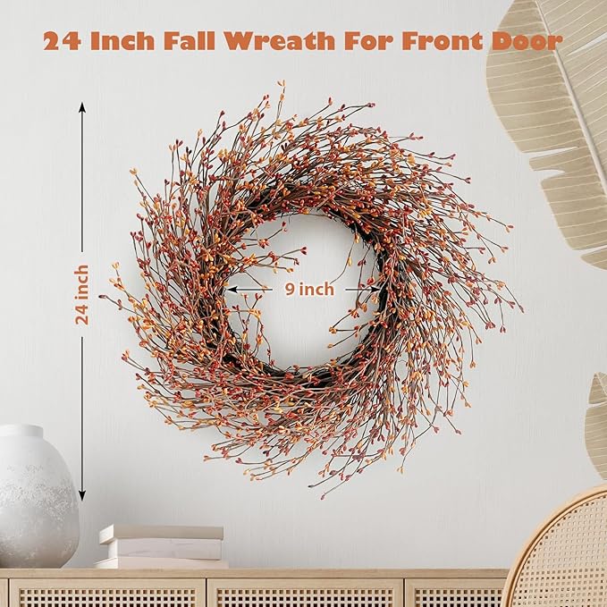 24 Inch Fall Wreath for Front Door with Large Grapevine, Orange Pip Berry Wreath for Fall Door Decor, Autumn Wreaths for Farmhouse Wall Window Home and Halloween Christmas Thanksgiving Decoration
