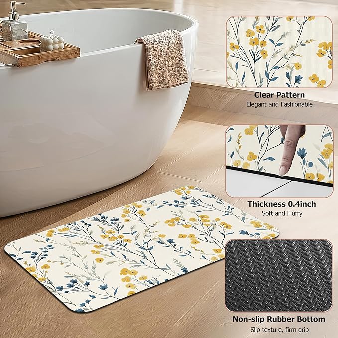 Blue Leaves Bath Mat,Yellow Berries Diatomaceous Earth Bath Mat,Rubber Backing Quick Dry Absorbent Washable Bathroom Rugs for Tub Non Slip 17"x29.5"