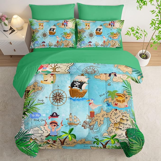 7Pcs Comforter Set Pirate Ship Printed Bedding Set with 1 Comforter, 1 Flat Sheet, 1 Fitted Sheet and 4 Pillowcases for Boys and Girls Bedroom All Season(Pirate Ship Twin)