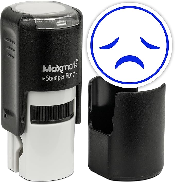 MaxMark Round Self Inking Emoji Stamp - Sad - Blue Ink