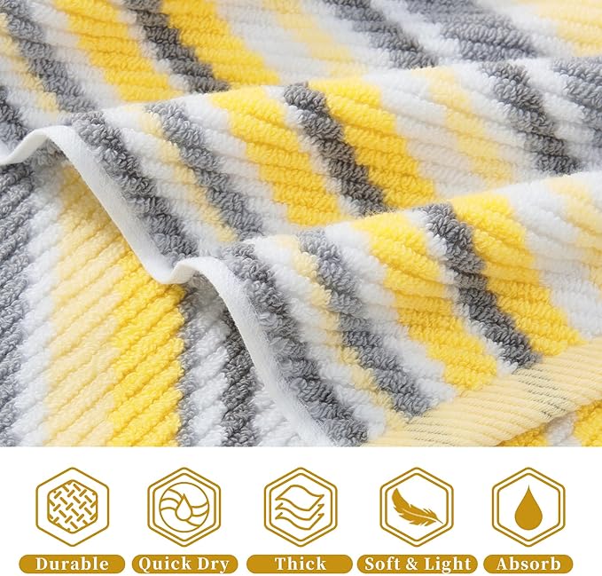 Yellow Striped Washcloths 6PC - 100% Cotton, Quick Dry, Soft, Absorb & Lightweight, Washcloth 13"x13", Striped Wash Cloth Decorative Set, Luxury Wash Cloths Set for Bathroom, Yellow + Gray