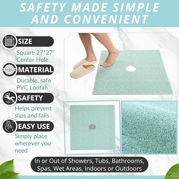 Enkosi Loofah Shower Mat with Drain Hole – Cushioned Anti-Slip Square Bath Mat for Showers, and Bathroom Floors – Textured PVC, Non Slip Safety Pad for Walk-in Stalls and Wet Areas (27x27 Aqua Green)
