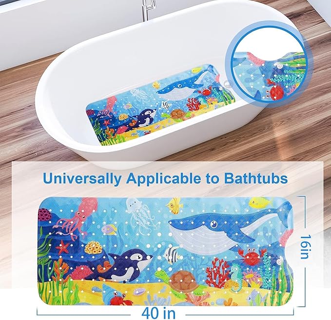 Baby Bath Mat for Tub for Kids, 40 X 16 Inch Extra Long Kids Bathtub Mat Non Slip, Cartoon Bath Tub Shower Mat Anti Slip with Drain Holes and Suction Cups Machine Washable (Whale + Dolphin, 40*16in)