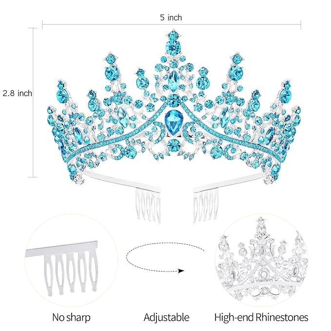 Velscrun Blue Crystal Birthday Tiara Crowns for Women Girls Elegant Princess Crown with Combs Birthday Girl Headband Sash Happy Birth Party Decorations Birth Gift Cake Topper Hair Accessories