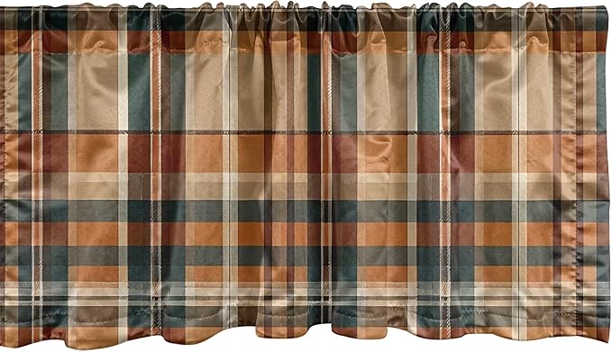 Ambesonne Autumn Plaid Window Valance Pack of 2, Fall Harvest Traditional Buffalo Tartan Lines Thanksgiving Art, Rod Pocket Curtain Valances Kitchen Bedroom, 54" X 18",Orange Tan Grey Teal