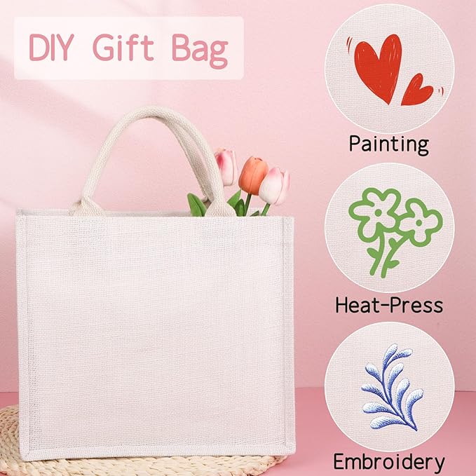Segarty Jute Bag, 6 Pack Small White Reusable Burlap Tote Canvas Gift Favors Bags with Handles Blank Tote Bulk for Bridesmaid Wedding, Bachelorette Party, Beach Trip, Women Market Grocery Shopping