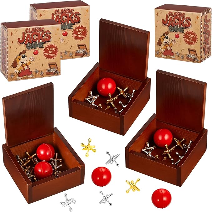 Gejoy 3 Packs Metal Jacks Set with 36 Metal Jacks and 6 Red Rubber Balls in Wooden Box Retro Jackstones Game for Adults Christmas End of Year Family Gatherings Gifts Birthday Party Favors