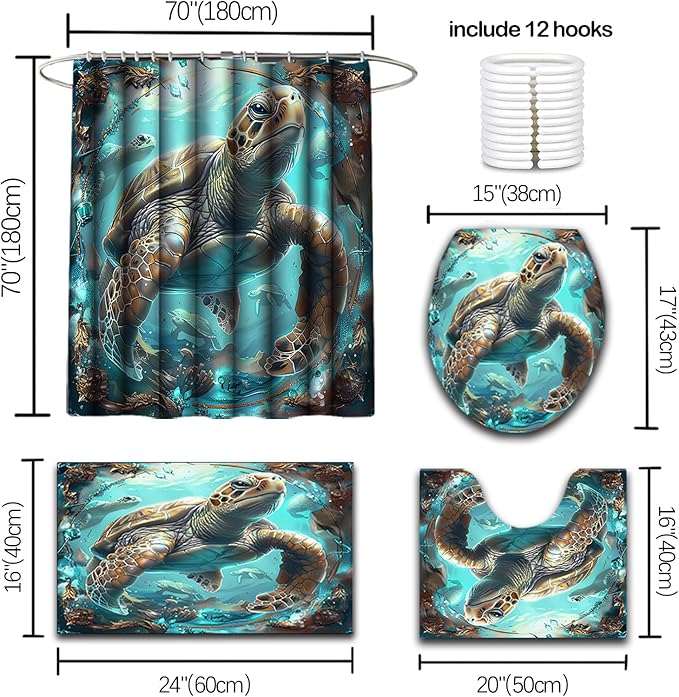4 Pcs Ocean Shower Curtain - Sea Turtle Shower Curtain Under The Sea Curtain for Bathroom Ocean Bathroom Sets with with 12 Hooks