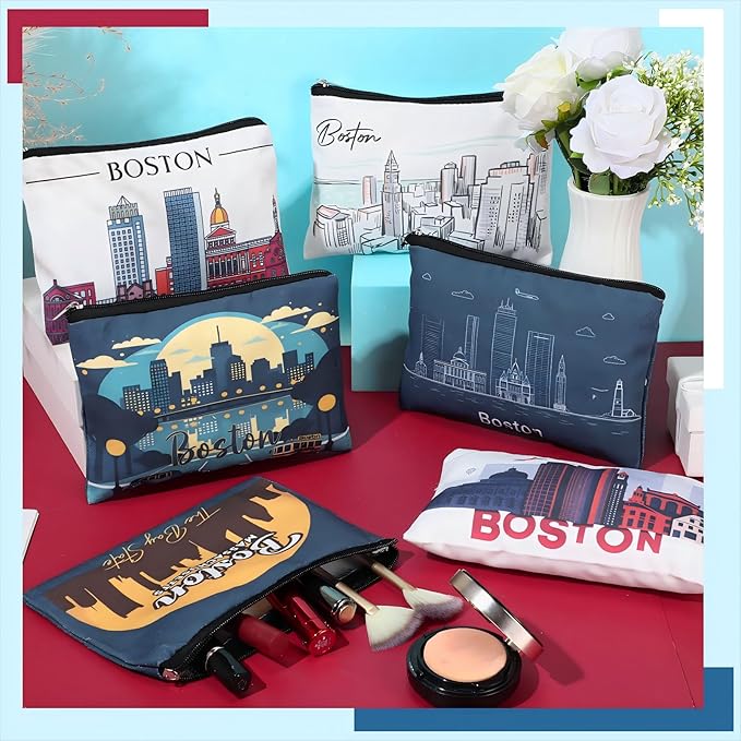 Reginary 6 Pcs City Cosmetic Bag Souvenir Gifts New York Zipper Pouch Chicago Souvenir Seattle Boston Nashville London Paris Italy Alaska Gifts Memento for Women Traveler(Boston)