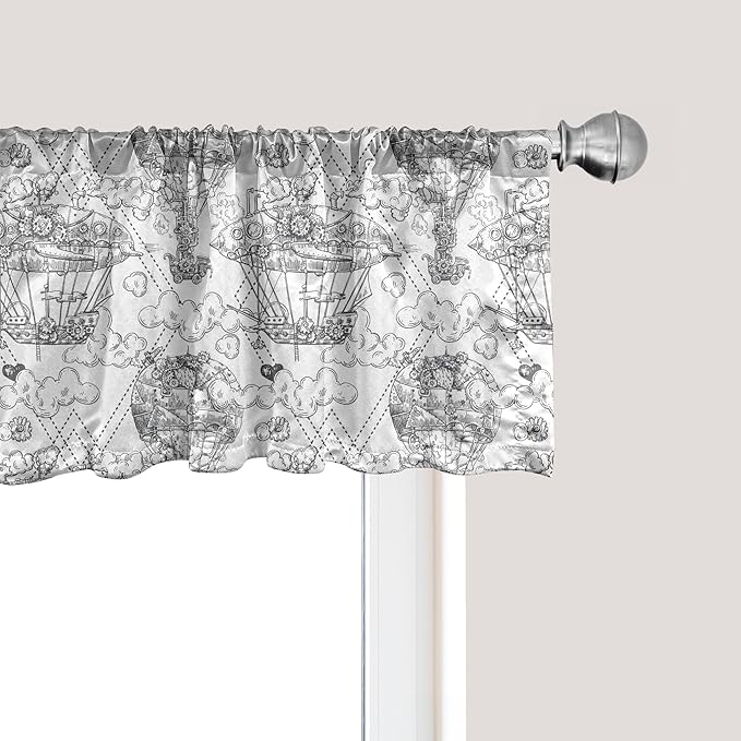 Ambesonne Retro Window Valance Pack of 2, Vintage Hot Air Balloon Aircraft with Industrial Mechanics System on Sky Sketch, Rod Pocket Curtain Valances for Kitchen Bedroom, 54" X 18", Dark Taupe Grey