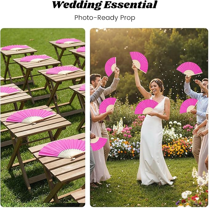 JOHOUSE 12 Pcs Paper Folding Hand Fans, 8.3 Inch Dark Pink Paper Fans Handheld Portable for Wedding, Outdoor Party Favors, Bridal Shower DIY Crafts Photography Prop Pink Party Decorations