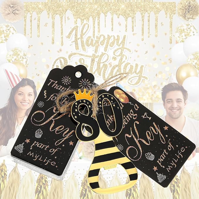 24pcs 80th Gold Keychain Bottle Opener 80th Birthday Party Favors, 80 Keychain Beer Bottle Opener Favors Anniversary Souvenirs Return Gifts for Guests Party Decor Supplies (black 80)