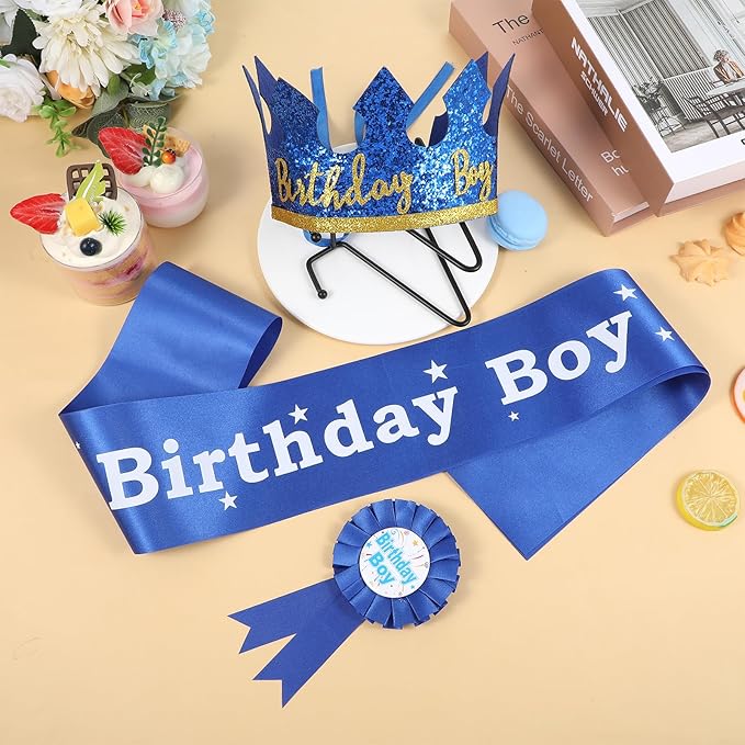 Birthday Boy Sash Hat Birthday Boy Pin Crown Set for Boys Birthdays Party Decoration