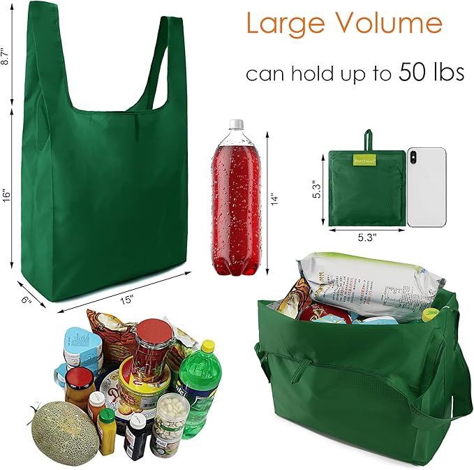 BeeGreen Christmas Green Reusable Shopping Bags Green Wholesale Reusable Grocery Bags Bulk Foldable-Machine Washable with Zipper Storage Pouch 20 Pieces
