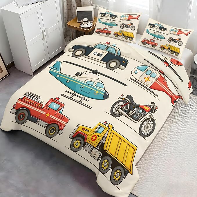 Vintage Rescue Vehicles Bedding Set California King Police Car Fire Truck Duvet Cover Emergency Vehicle Comforter Cover Children's Cartoon Car Bedding Set with Pillowcases for Bedroom